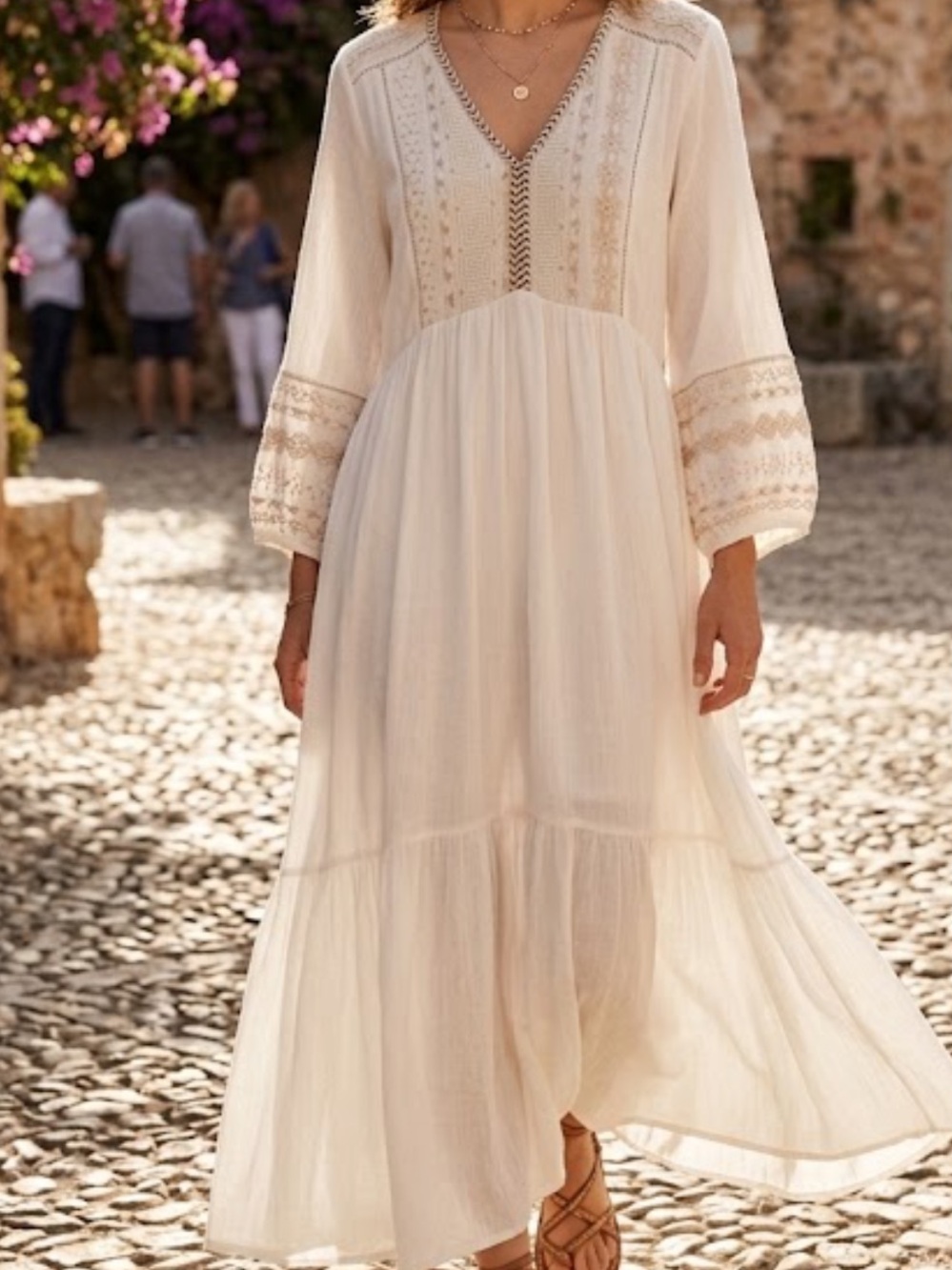 Zara Boho White Embroidered V-Neck Midi Dress - Picture 1 of 5